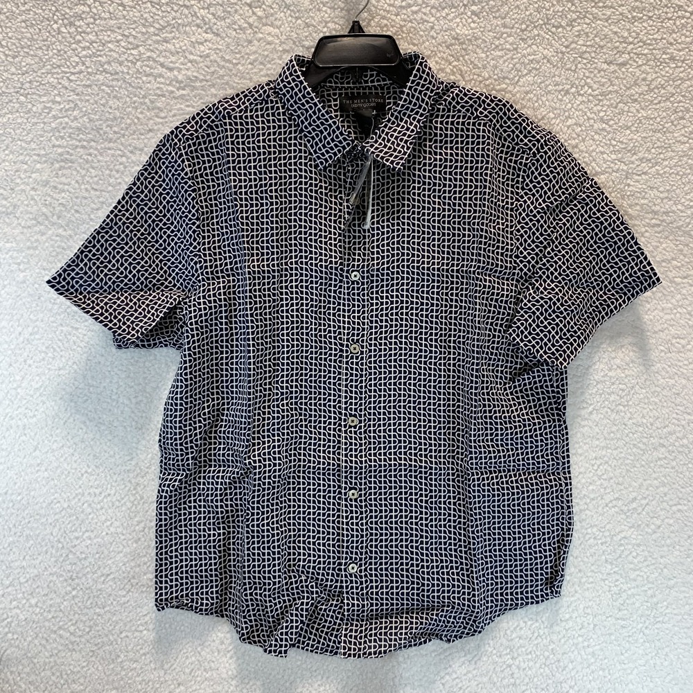 Bloomingdale's Mens Shirt XL‎ Button Up 100% Linen Navy Geometric Short Sleeve